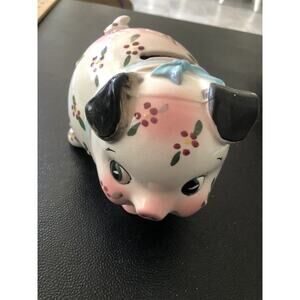 VTG RELCO Japan Piggy Bank 1950s Flower Pig Big Eyes Anthropomorphic Blue Ribbon
